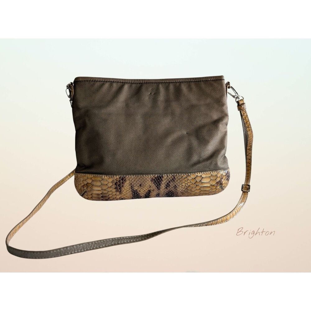Brighton Taupe Nylon Croc Leather Trim Crossbody Bag Heart Zipper
